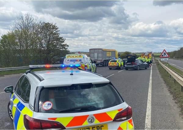 Emergency services surround the scene of the two-car collison on the A17 Sleaford bypass at lunchtime. Photo: Lincs Police EMN-210505-161454001