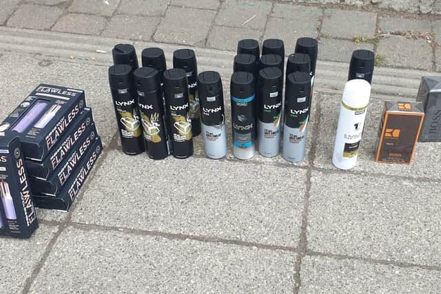 Some of the haul seized by police after members of the public grabbed a suspected shoplifter in Sleaford. Photo: Lincs Police EMN-210505-164158001