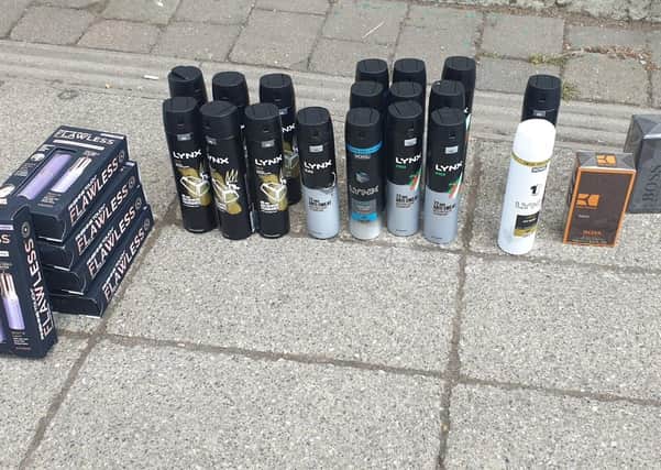 Some of the haul seized by police after members of the public grabbed a suspected shoplifter in Sleaford. Photo: Lincs Police EMN-210505-164158001