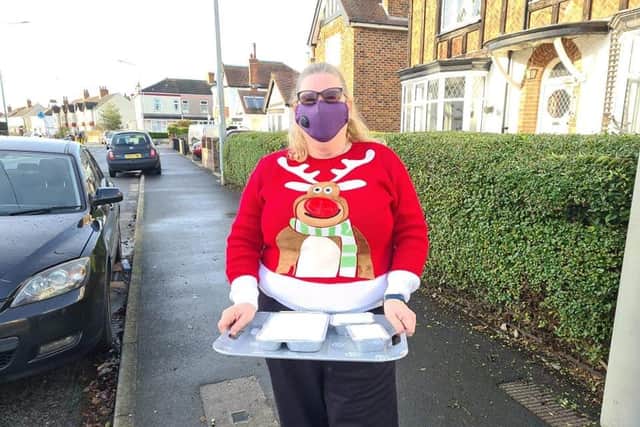 L-CAT's secretary Kath Wright delivering meals in Grimsby on Christmas Day..