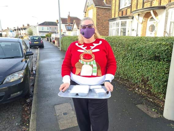 L-CAT's secretary Kath Wright delivering meals in Grimsby on Christmas Day..