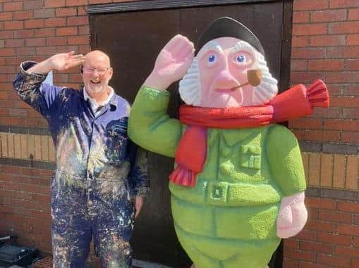 Steve Andrews with Sgt Jolly which is on display at the Hildreds Shopping Centre in Skegness.