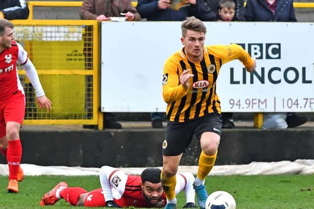 In action against Kidderminster Harriers.