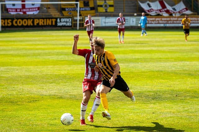 Battling with Altrincham in the 2019-20 play-off final. Photo: Michael Ripley