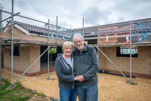 Husband and wife Dave Turner and Olwyn Cornwell from Market Deeping in Lincolnshire suffered a major fire at their home. To help rebuild their bungalow, Forterra donated bricks and blocks. 
Copyright Mike Sewell 2021
14th May 2021 

(Commissioned by Emily Mahon - Unsworth Sugden)