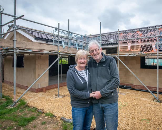 Husband and wife Dave Turner and Olwyn Cornwell from Market Deeping in Lincolnshire suffered a major fire at their home. To help rebuild their bungalow, Forterra donated bricks and blocks. 
Copyright Mike Sewell 2021
14th May 2021 

(Commissioned by Emily Mahon - Unsworth Sugden)