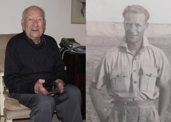 Centenarian Ken Simpson, of Heckington, and a picture of him during his time serving in Egypt.