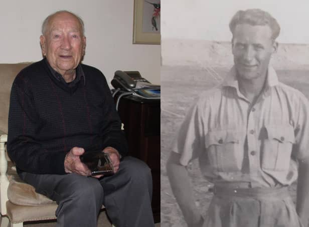 Centenarian Ken Simpson, of Heckington, and a picture of him during his time serving in Egypt.
