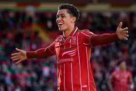 Brennan Johnson of Lincoln City celebrates after scoring their sides second goal. (Photo by Laurence Griffiths/Getty Images)