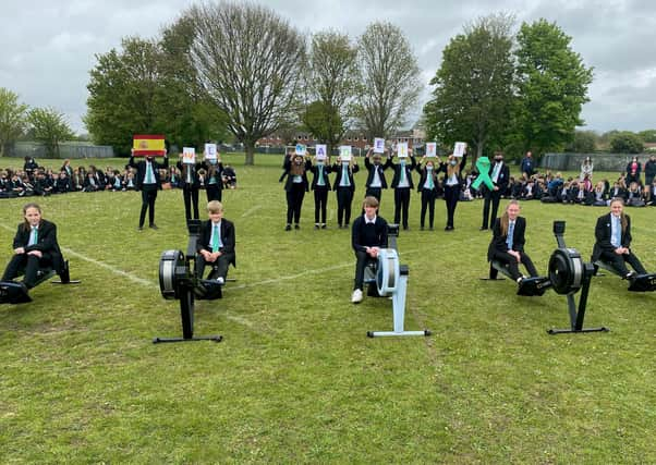 Rowing the Academy across the line after students and staff completed a distance of 1447km or 920 miles from Somercotes to Spain are Edie Bowman, Daniel Petley, Aiden Finch, Libby Hudson and Rosie Lee. The whole Academy took part in this event over five days to highlight Mental Health Week. EMN-210524-112225001