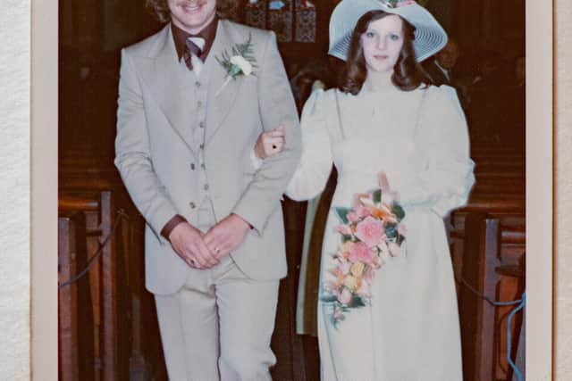 Joanne and Adrian on their wedding day, 28th June 1975.
