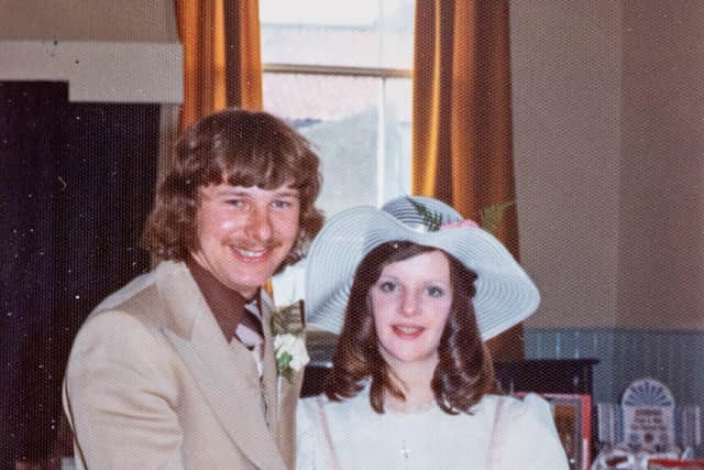 Joanne and Adrian on their wedding day, 28th June 1975.