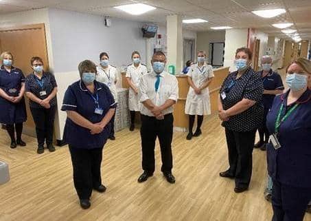 Professor Jonathan Van-Tam pictured with some of the staff from Dixon Ward during a visit to officially open their new gastroenterology day case suite on the ward at Lincoln County Hospital.