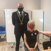 Mayor and Mayoress of Skegness Coun Trevor and Jane Burnham at the Storehouse for their Covid-19 vaccination.