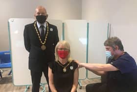 Mayor and Mayoress of Skegness Coun Trevor and Jane Burnham at the Storehouse for their Covid-19 vaccination.