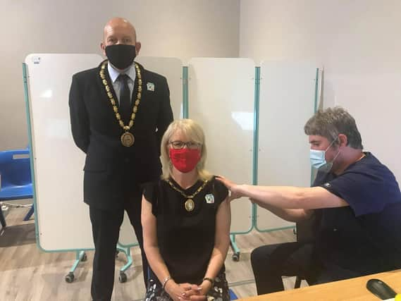 Mayor and Mayoress of Skegness Coun Trevor and Jane Burnham at the Storehouse for their Covid-19 vaccination.