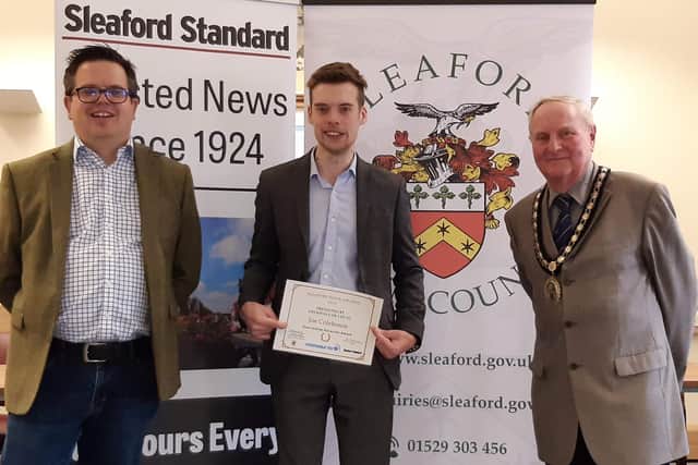James Causebrook of Grunwald UK presents the Overcoming Adversity Award to Joe Colehouse, with Mayor Anthony Brand. EMN-210528-160437001