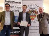 James Causebrook of Grunwald UK  presents the Overcoming Adversity Award to Joe Colehouse, with Mayor Anthony Brand. EMN-210528-160437001