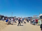 Crowds heading to the beach in Skegness on Bank Holiday Saturday.