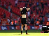 Callum Morton of Lincoln City looks dejected after the Sky Bet League One Play-off Final match between Blackpool and Lincoln City at Wembley Stadium. (Photo by Catherine Ivill/Getty Images)