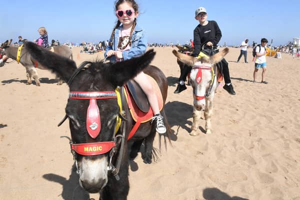 Fearne Harrison, 3, enjoying a ride on the donkeys on Skegness beach.