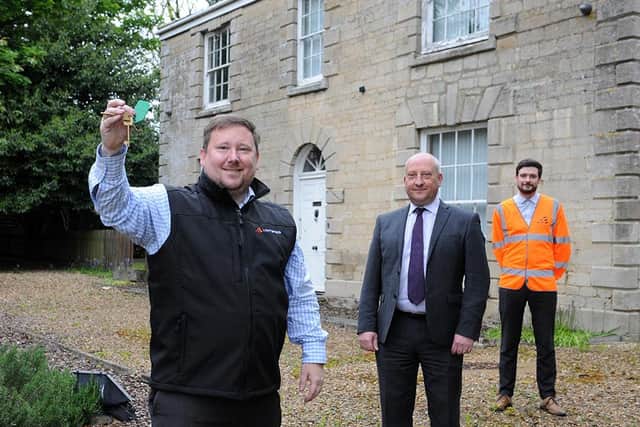 Dave Carter, Build Director at Lightspeed Broadband (front), with Simon Stone, Retailer Director at Springfields, and Sean Milligan, Build Manager at Lightspeed Broadband (back) in front of Lightspeed Broadband’s new headquarters, Fulney Hall, which Lightspeed will sensitively restore.
