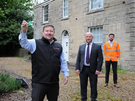 Dave Carter, Build Director at Lightspeed Broadband (front), with Simon Stone, Retailer Director at Springfields, and Sean Milligan, Build Manager at Lightspeed Broadband (back) in front of Lightspeed Broadband’s new headquarters, Fulney Hall, which Lightspeed will sensitively restore.