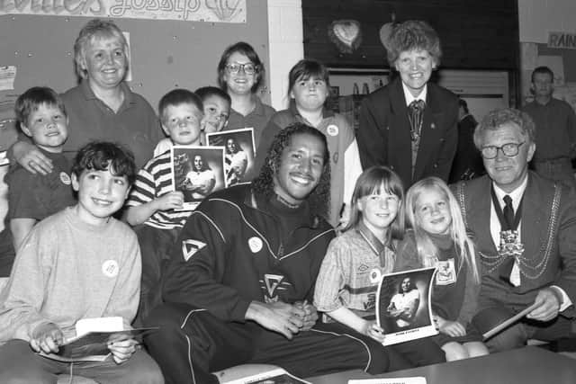Boston’s Gladiator champions Mark Everitt pictured with mayor Coun Albert Tebbs and children at Focus One Youth Centre.