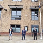 From left:  Simon Hedison (member of the Gainsborough LGBT group), Gainsborough Town Councillor Baptiste Velan, Chairman of West Lindsey District Council Councillor Steve England and Chief Executive of WLDC, Ian Knowles.