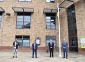 From left:  Simon Hedison (member of the Gainsborough LGBT group), Gainsborough Town Councillor Baptiste Velan, Chairman of West Lindsey District Council Councillor Steve England and Chief Executive of WLDC, Ian Knowles.