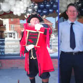 Town Crier David Summers (left), and pictured with shop owner Andrew Squires.