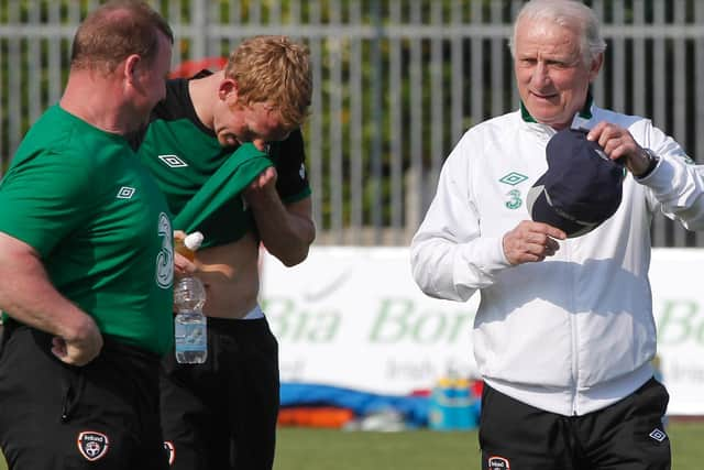 Coach Giovanni Trapattoni chats with Green. Photo: FABIO MUZZI/AFP via Getty Images