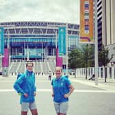 Toni and Rachael pictured outside Wembley Stadium.