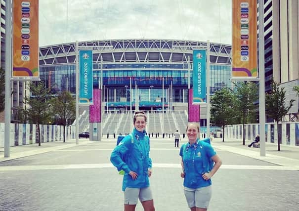 Toni and Rachael pictured outside Wembley Stadium.