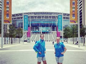 Toni and Rachael pictured outside Wembley Stadium.