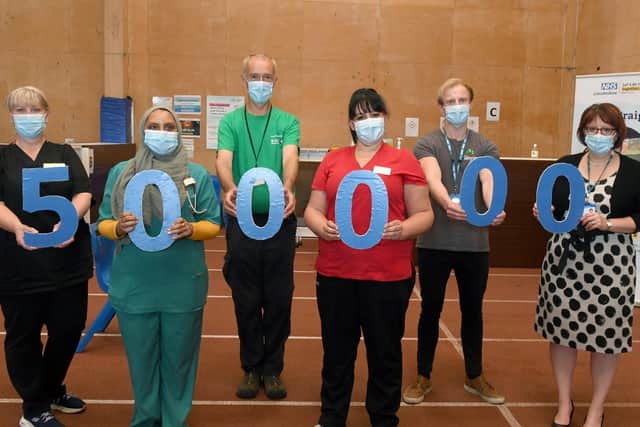 L-R Lynda Stockwell (clinical and operational lead), Dr Amira Ibrahim (on site GP), Alastair Cuthill (volunteer), Karen Hewinson (clinical lead), Harrison Bateman (volunteer), Rebecca Neno (deputy chief nurse LCCG)