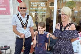 Finley is congratulated on his new haircut by the Mayor of Skegness Coun Trevor Burnham.