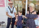 Finley is congratulated on his new haircut by the Mayor of Skegness Coun Trevor Burnham.