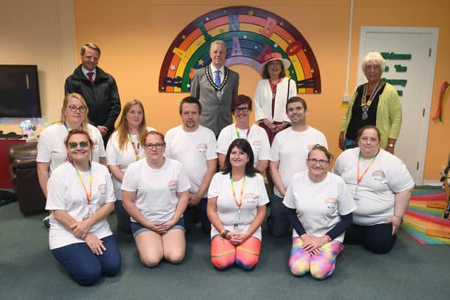 Opening of new multi-sensory room at Rainbow Stars. Jane Peck and volunteers pictured with Back L-R Richard Aldous - HR Business Partner, Moy Park, Mayor of Sleaford Robert Oates, Ann Oates, Barbara Roberts - Rotary Club od Sleaford. EMN-210621-094947001