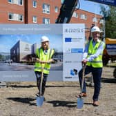 Professor Ian Scowen and Professor Libby John of the University of Lincoln with Ian Taylor, Managing Director of Henry Brothers Midlands, at the official ground breaking for 'The Bridge' Advanced Engineering Research and Development facility.