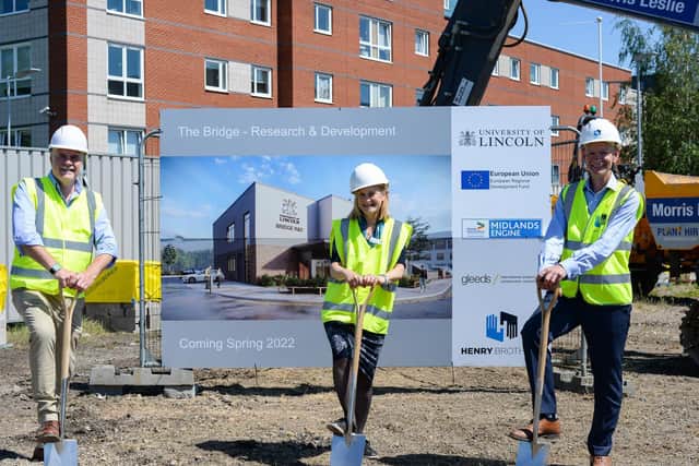 Professor Ian Scowen and Professor Libby John of the University of Lincoln with Ian Taylor, Managing Director of Henry Brothers Midlands, at the official ground breaking for 'The Bridge' Advanced Engineering Research and Development facility.