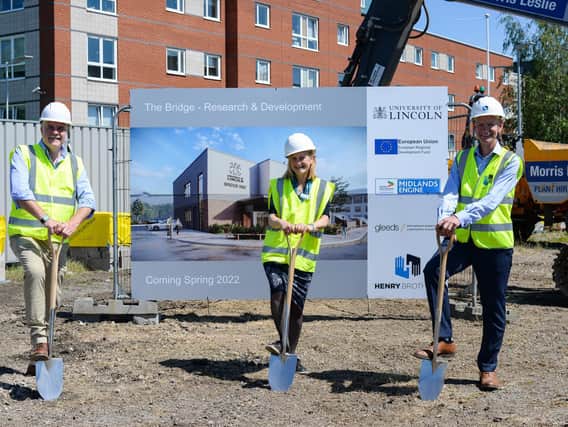 Professor Ian Scowen and Professor Libby John of the University of Lincoln with Ian Taylor, Managing Director of Henry Brothers Midlands, at the official ground breaking for 'The Bridge' Advanced Engineering Research and Development facility.