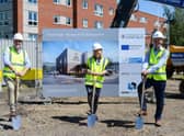 Professor Ian Scowen and Professor Libby John of the University of Lincoln with Ian Taylor, Managing Director of Henry Brothers Midlands, at the official ground breaking for 'The Bridge' Advanced Engineering Research and Development facility.
