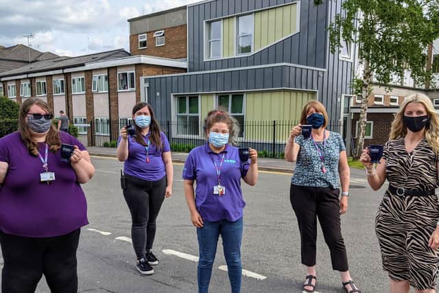 (Left to right) Bethan Tibbles-Hammond, Danielle Whisker, Louise Cameron and Val Moore (Lincolnshire YMCA) and Tara Bellamy (Duncan & Toplis) outside the Nomad Centre
