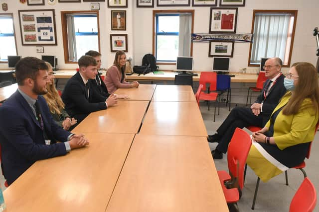 Nick Gibb and Caroline Johnson MP talking to L-R Nickolai Shklyaver (ex head boy), Annie Johnson (ex head girl), Matthew Bolton (current head boy), AOscar Simmons (head of school council), Alexia Johnson (current head girl) and Russell Smith (head of 6th form) EMN-210624-145228001