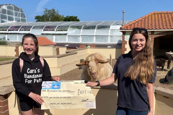 Cara presents her cheque to Natureland director Daisy Yeadon, watched by Henry the goat.