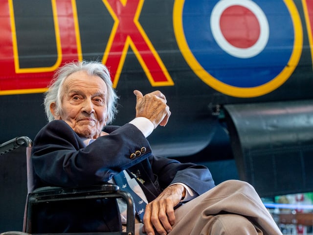 Fred Pearce enjoying his 100th anniversary at East Kirkby Heritage Aviation Museum.