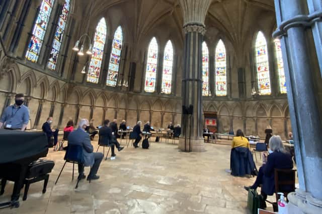 The socially distanced meeting of the joint planning committee at Lincoln Cathedral. EMN-210629-152421001