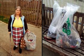 Lianne Havell with some of the litter collected in Sutton on Sea.