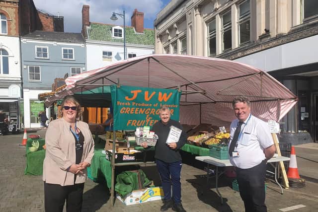 Cllr Abbott (Portfolio Holder), last year's winner John Williamson, and Darran Clare, Markets Officer Boston Borough Council